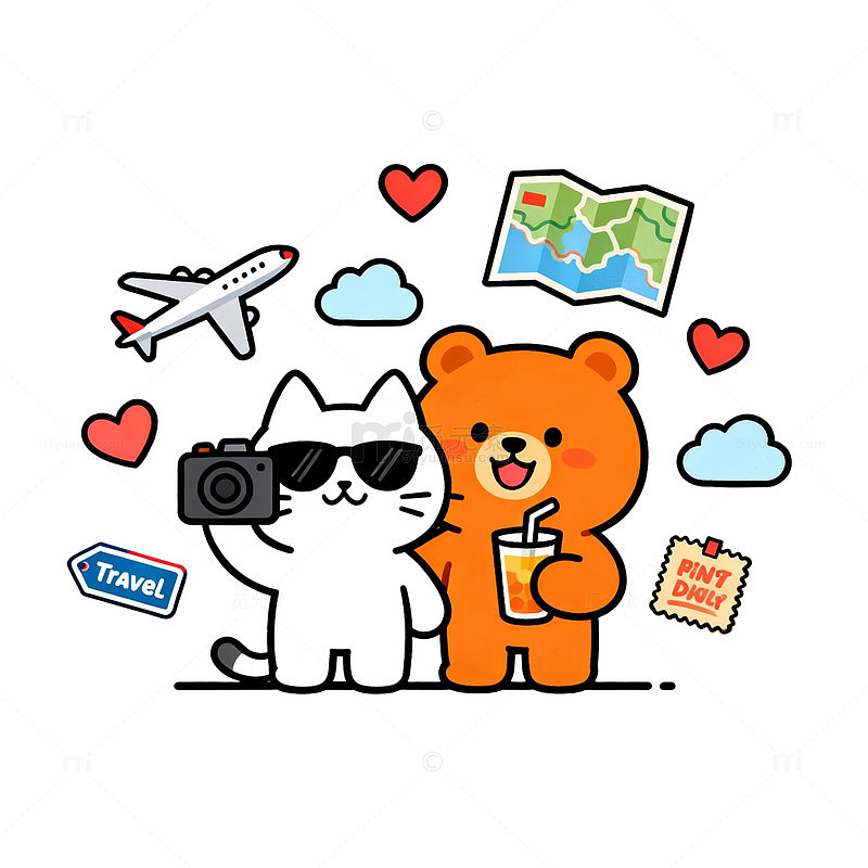 卡通风旅行萌宠手绘插画设计素材
