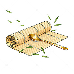 手绘风竹席勺子静物插画设计素材