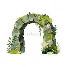 水彩风石拱门绿植手绘设计素材