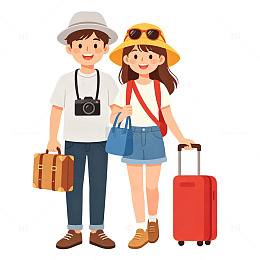 卡通风旅行情侣手绘行李箱免扣元素素材