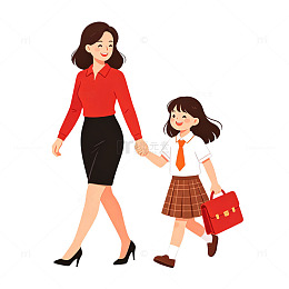 卡通风母亲牵女儿上学矢量插画免扣元素素材
