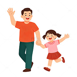 卡通风父女牵手散步矢量插画免扣元素素材