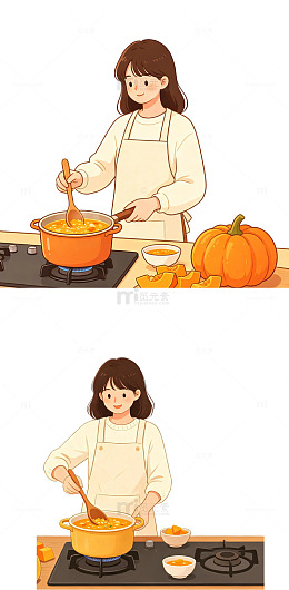 南瓜粥，秋日厨房，煮粥女生