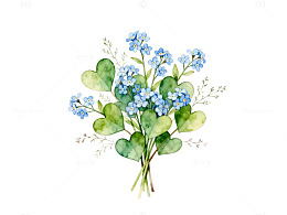 水彩风蓝色小花绿叶植物插画素材