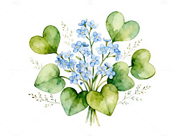水彩风爱心叶蓝色小花手绘插画素材
