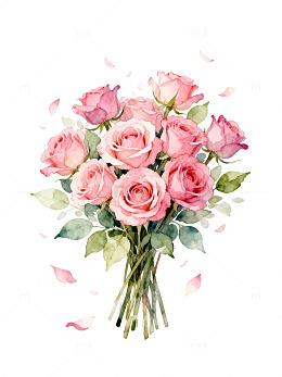水彩风粉色玫瑰花束插画设计素材
