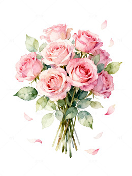 水彩风粉色玫瑰花束插画设计素材