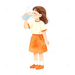 水彩风女孩喝水插画设计素材