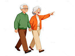 卡通风老年夫妇散步插画设计素材
