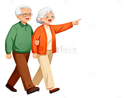 卡通风格老年夫妇散步插画设计素材