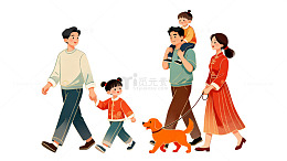 插画风家庭散步手绘宠物狗设计素材