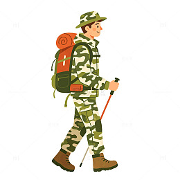 卡通风徒步旅行者迷彩装备设计素材
