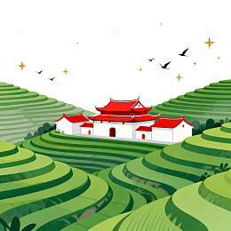 插画风梯田古建筑风景设计素材