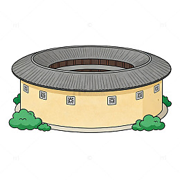 卡通风格客家土楼建筑插画素材