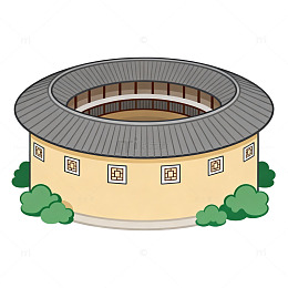 卡通风格客家土楼建筑插画设计素材