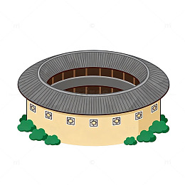 卡通风格客家土楼建筑插画设计素材