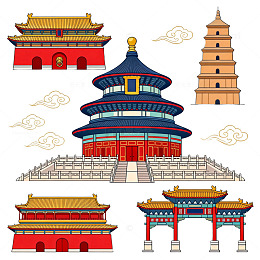 卡通风中国传统建筑插画设计素材