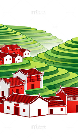 插画风梯田村落传统建筑设计素材