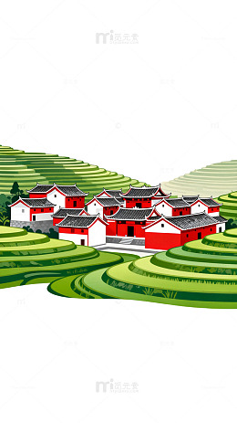 国风手绘田园村落建筑插画素材