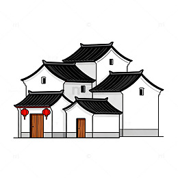 线描风传统中式民居建筑插画素材