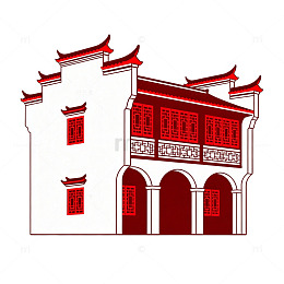 线条风传统建筑红白配色矢量素材