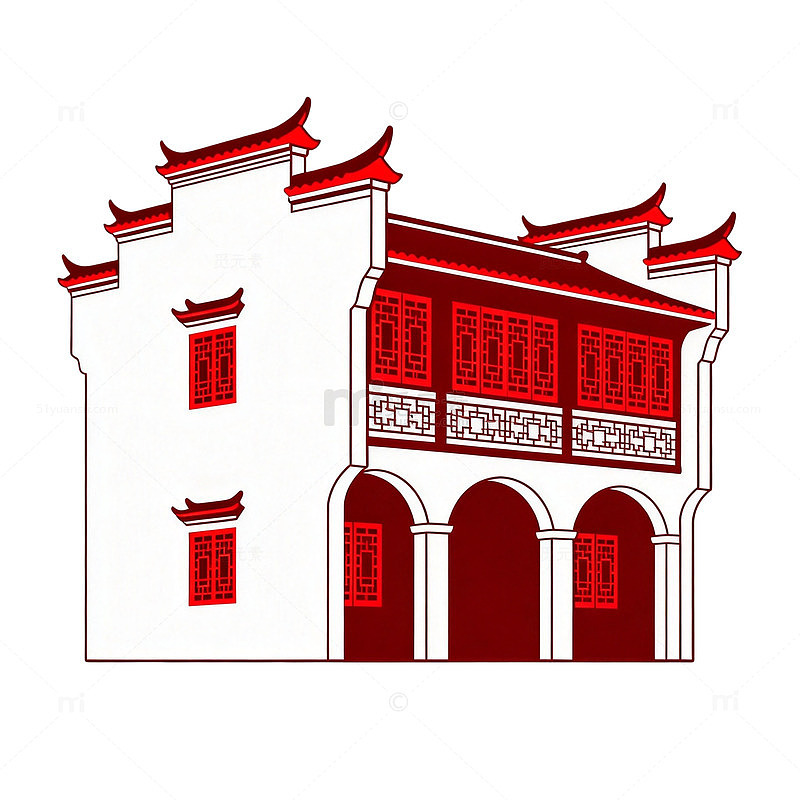 线条风传统建筑红白配色矢量素材