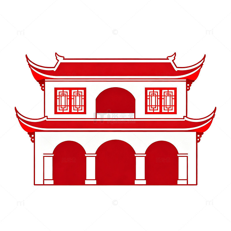 简约风中式建筑红色剪影设计素材