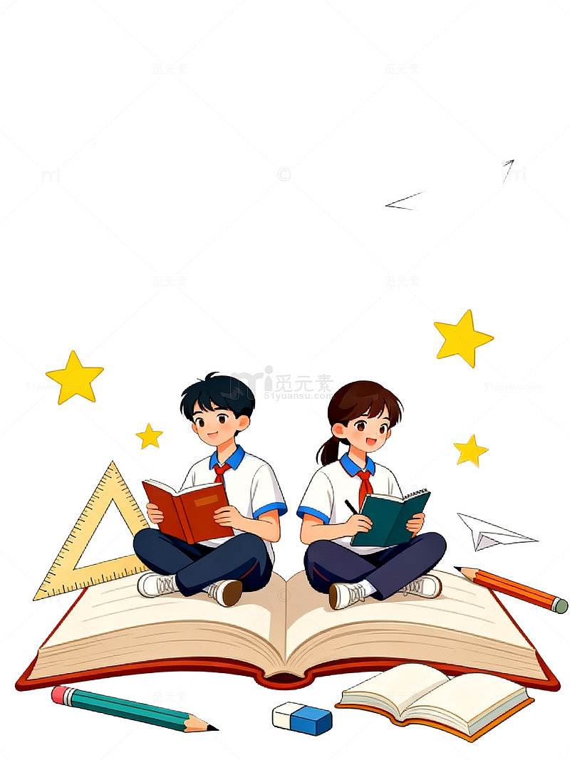 卡通风格学生读书学习插画设计素材