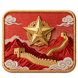 刺绣风中国长城五星徽章设计素材