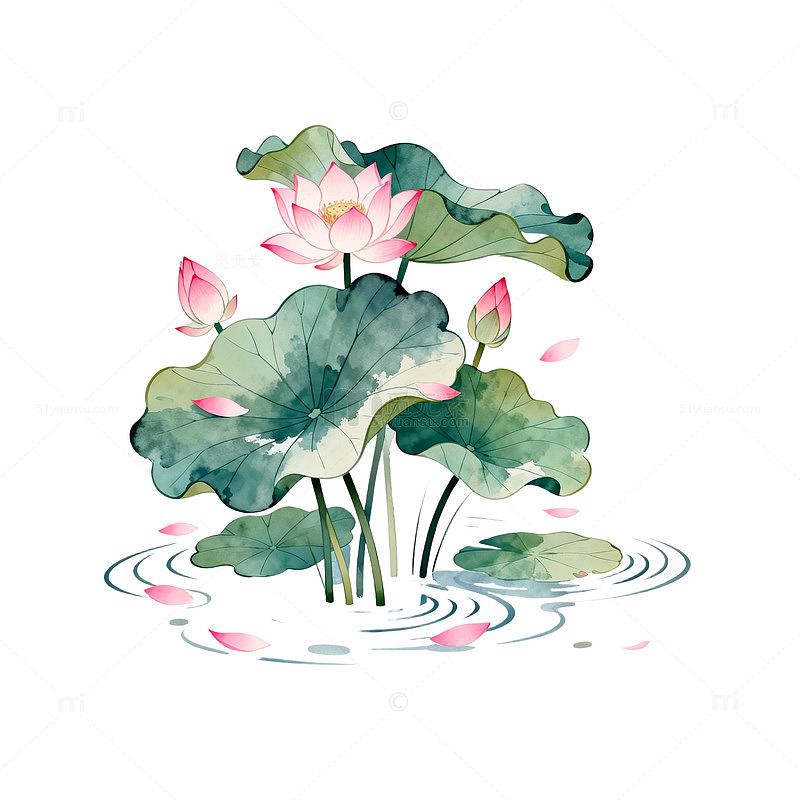 水彩风荷花池塘手绘植物设计素材