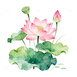 水彩风荷花池塘手绘莲花设计素材