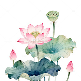 水彩风荷花莲叶手绘插画设计素材