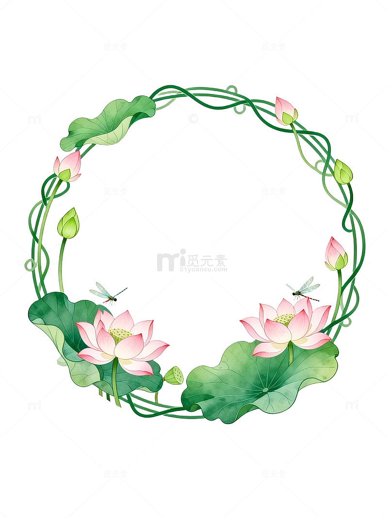 水彩风莲花荷叶圆形花环设计素材