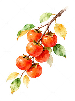 水彩风柿子枝叶手绘插画设计素材