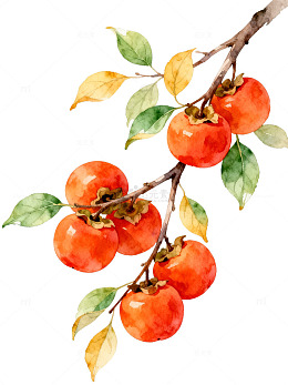 水彩风柿子枝叶手绘插画设计素材