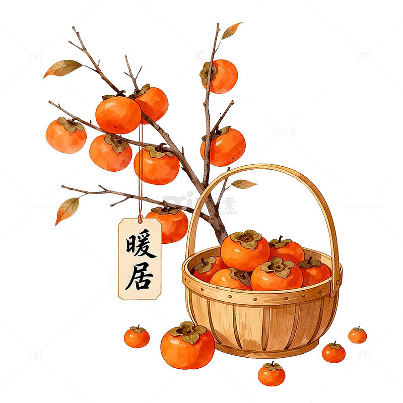 国风水墨风柿子篮子手绘设计素材