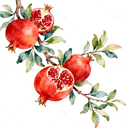水彩风石榴枝叶手绘插画设计素材