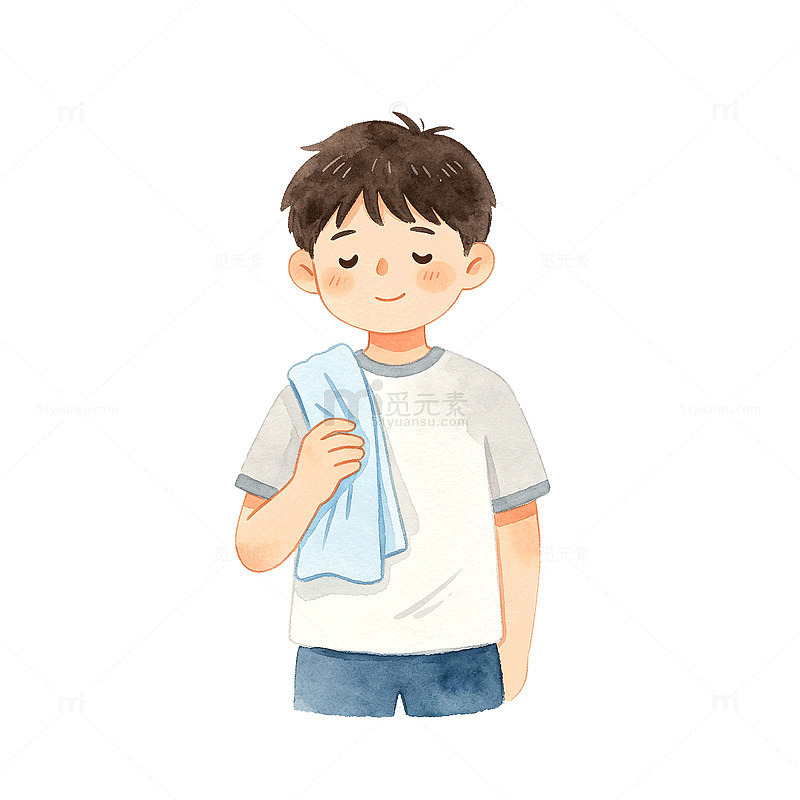 手绘风男孩擦汗毛巾插画设计素材