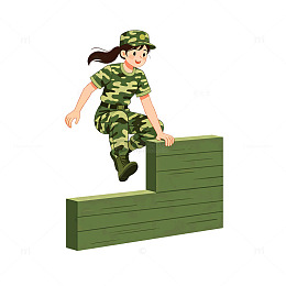 卡通风女兵翻越障碍矢量设计素材