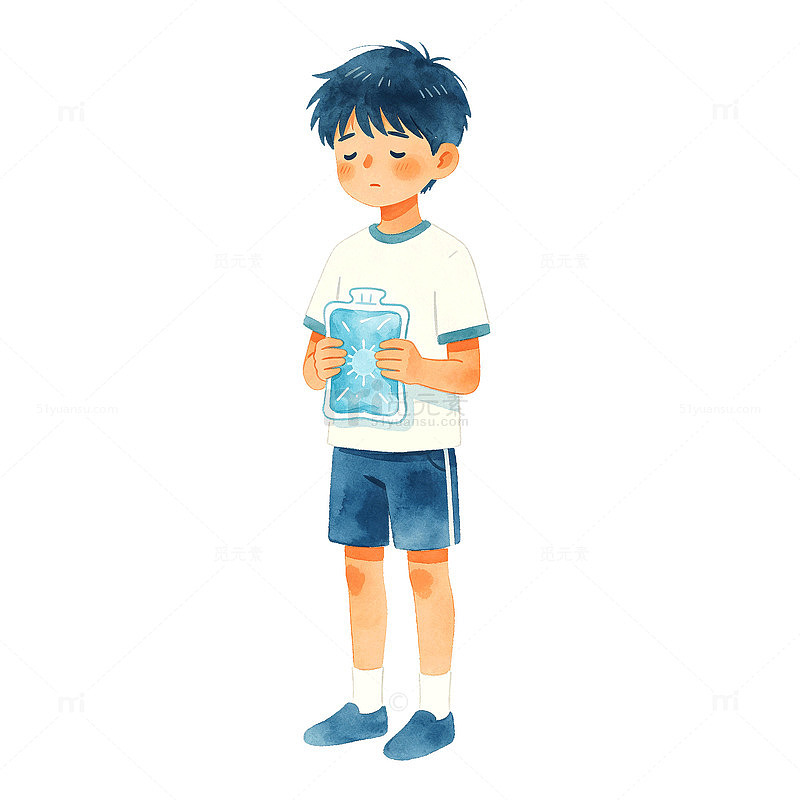 水彩风男孩手持冰袋插画设计素材