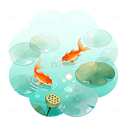 卡通风池塘金鱼荷叶插画设计素材