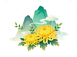 国风插画菊花山水手绘设计素材