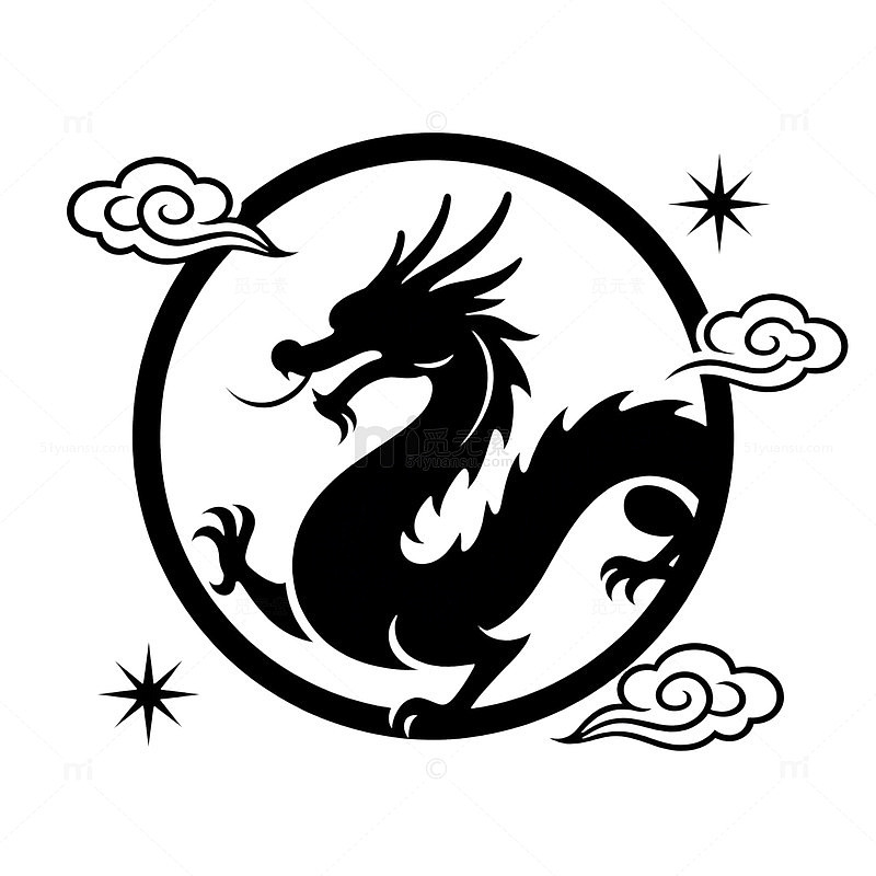 黑白风中国龙图腾剪影设计素材