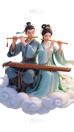 国风古装人物吹箫弹琴3D模型素材