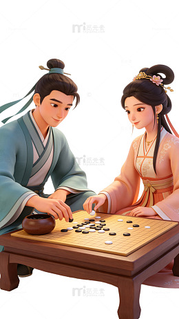 国风古装人物对弈围棋插画素材
