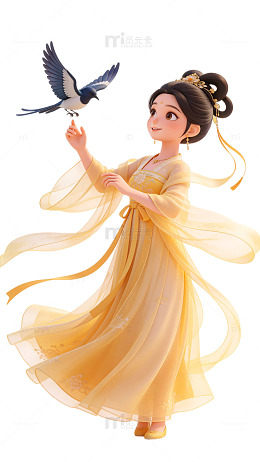 国风古装少女与飞鸟插画设计素材