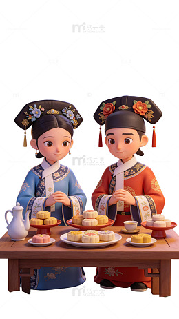 3D卡通风清代宫廷人物点心宴设计素材
