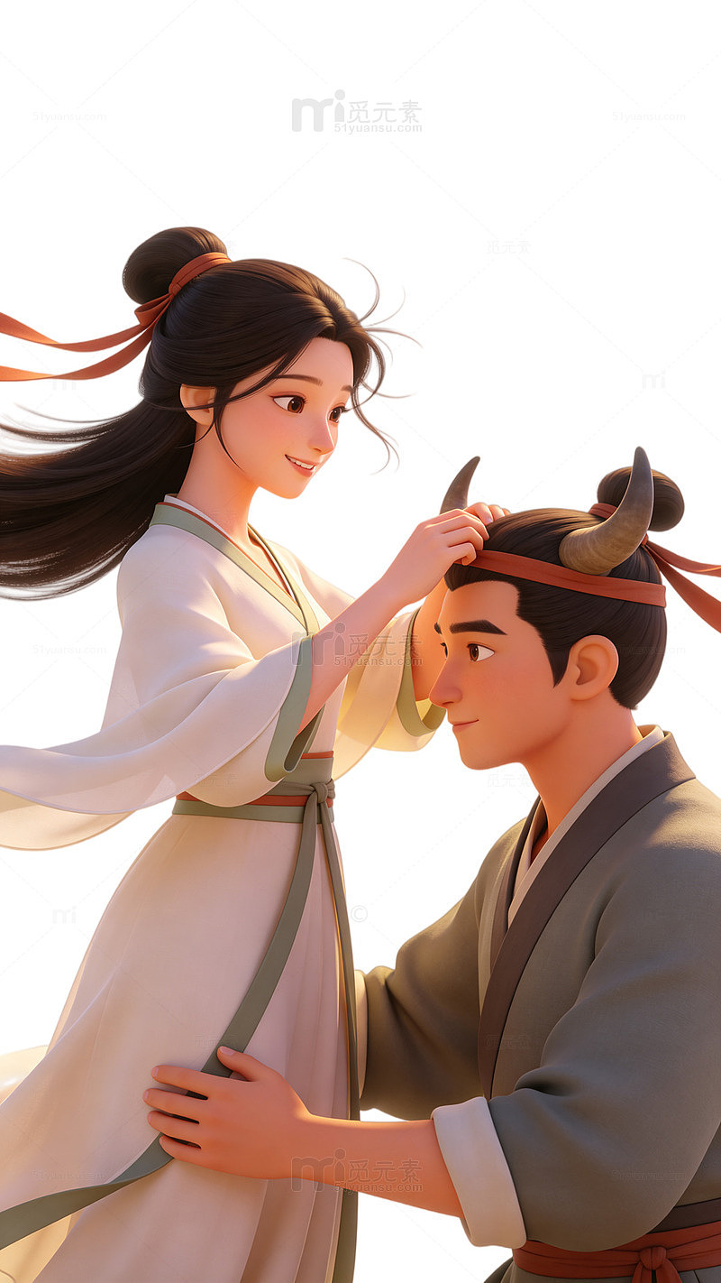 国风古装情侣互动插画设计素材