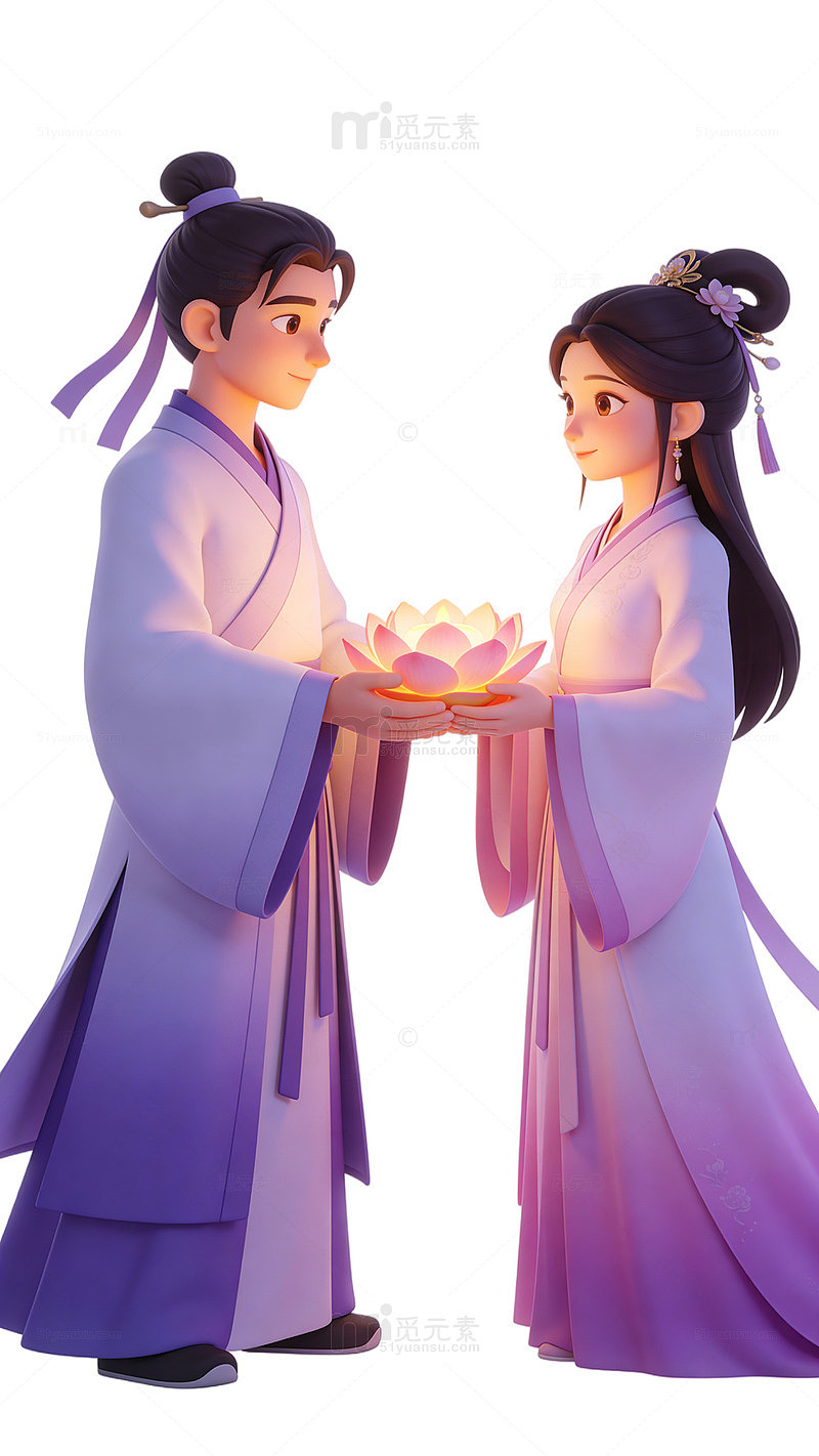 国风古装情侣莲花灯插画设计素材
