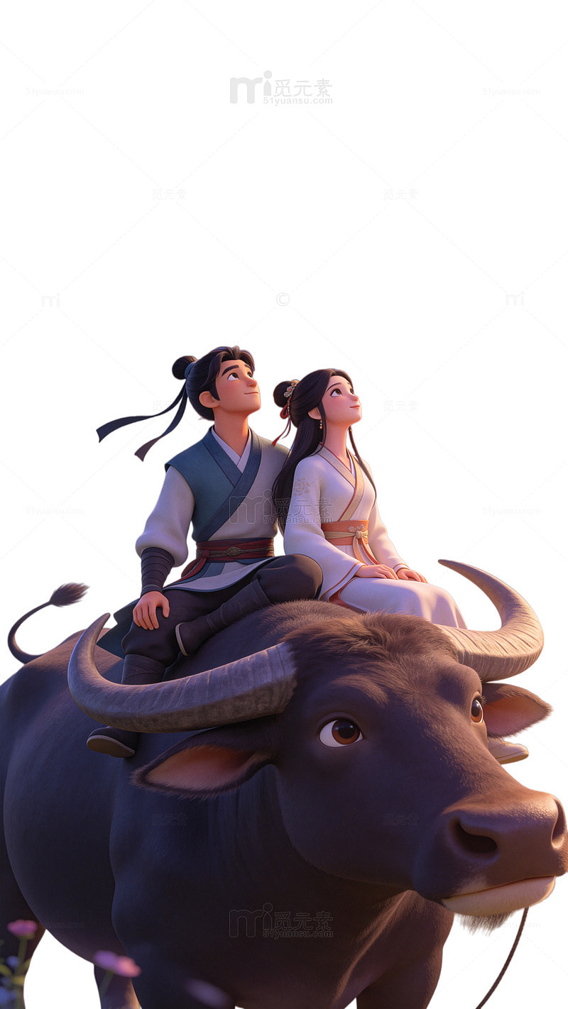 国风动画情侣骑牛场景设计素材